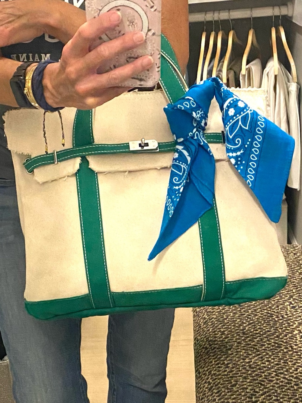 Large Size Sunwin Viral Boatkin Canvas Tote Bag with Green Trim + Scarf